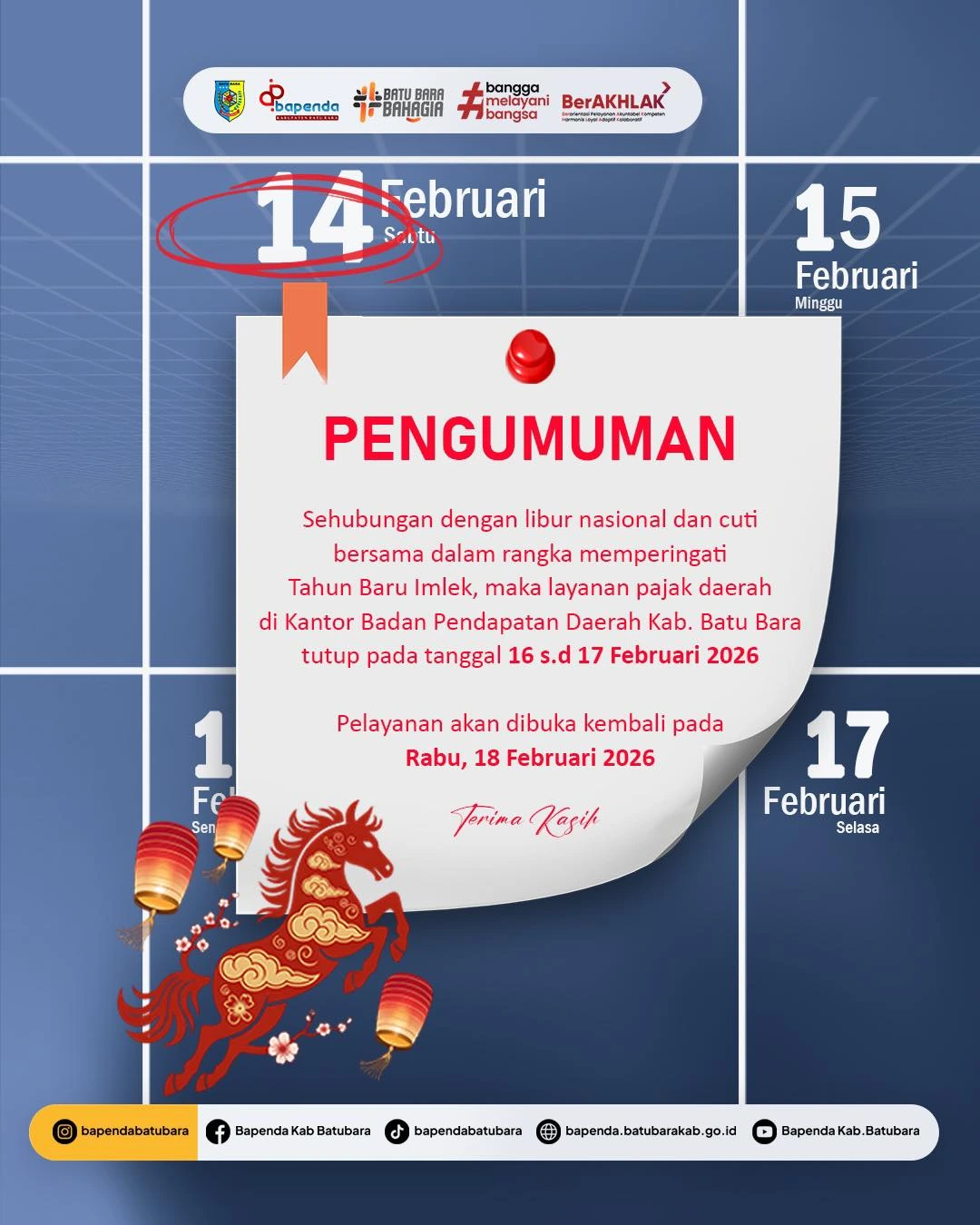 Pengumuman: Pelayanan Pajak Daerah Bapenda Batu Bara Tutup Sementara Saat Libur Imlek